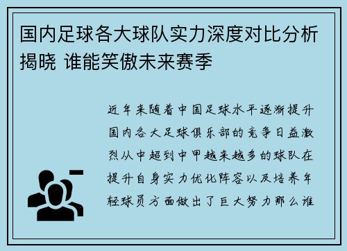 国内足球各大球队实力深度对比分析揭晓 谁能笑傲未来赛季